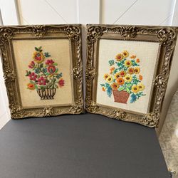 Vintage Floral Embroidery Set With Gold Frames 