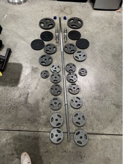 Barbell and weights with clamps (1 inch diameter)