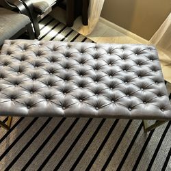 Tufted Bench – Gray Faux Leather with Vintage Gold Frame