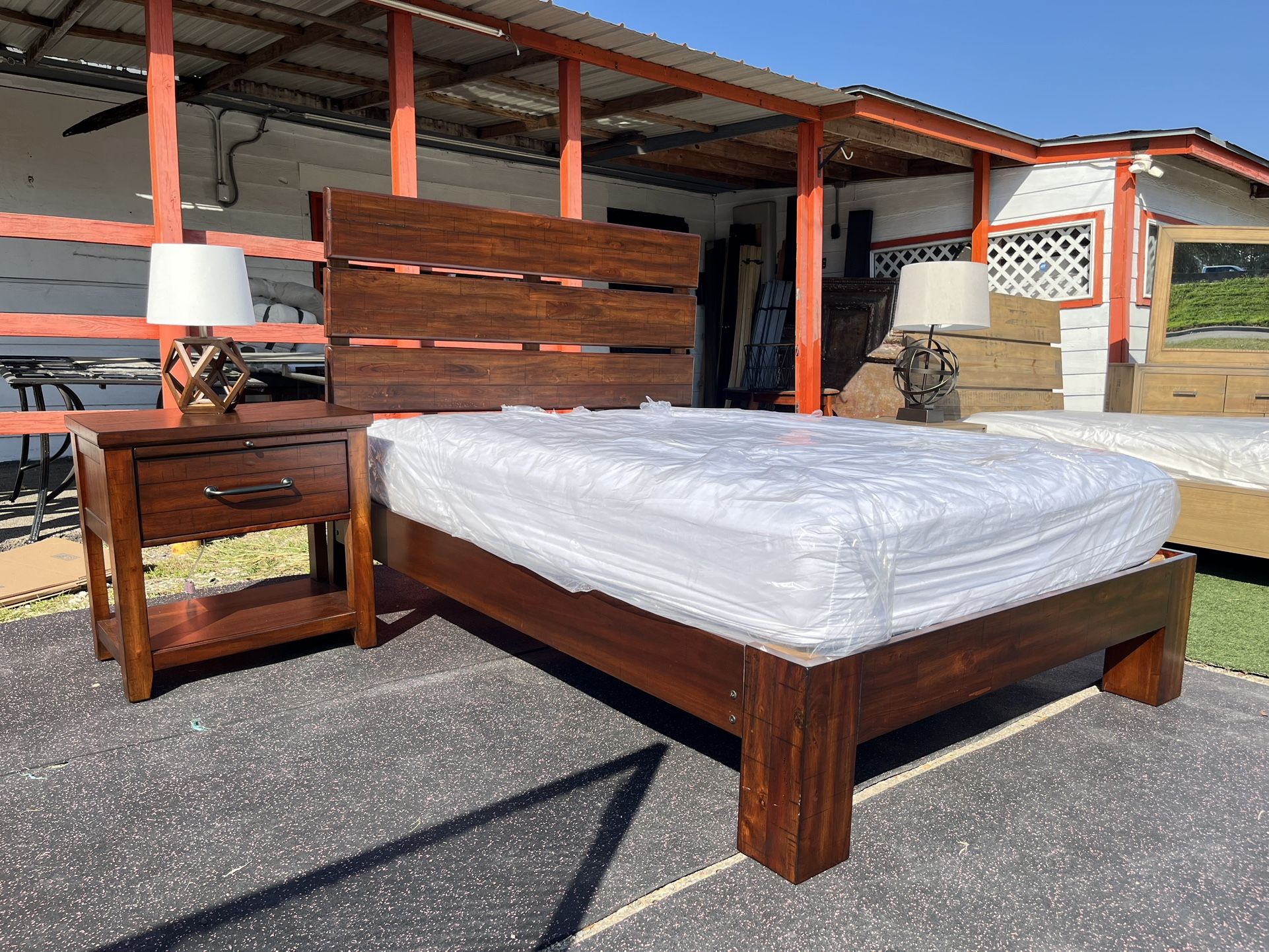 Queen bedframe with mirror nightstand and mattress