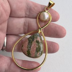 Natural Pearl Unakite 14k Gold Necklace 2.5” Charm Pendant