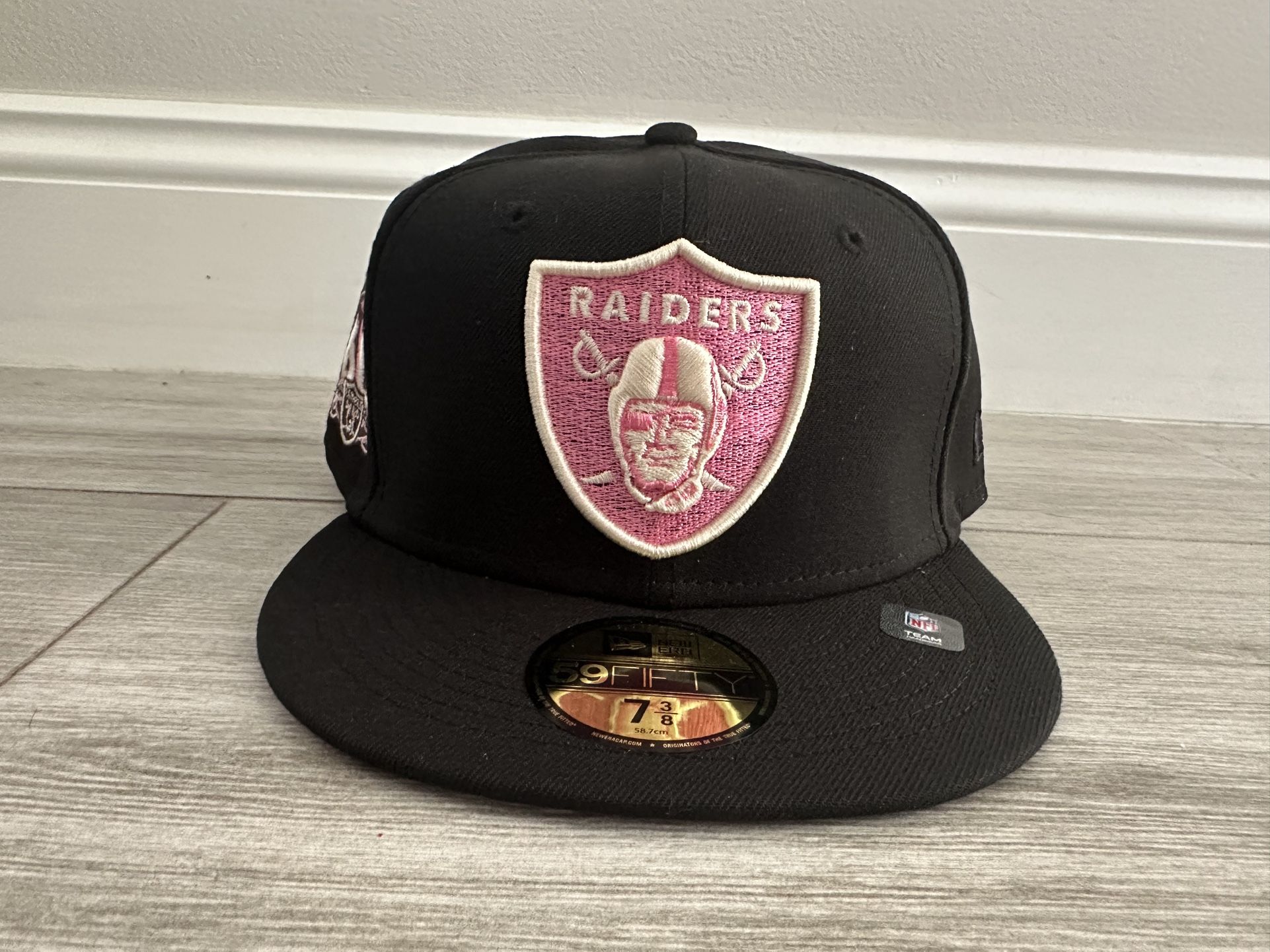 Las Vegas Raiders Hat Club New Era 59FIFTY Cookies & Cream 60th Anniversary Patch Black Pink Fitted Hat Cap Sz 7 3/8 New