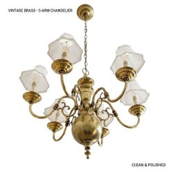 Vintage 5-Arm Polished Brass Chandelier with Frosted Glass Shades