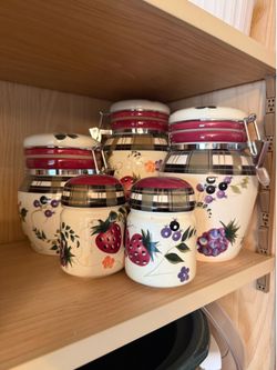 Oneida strawberry plaid canisters