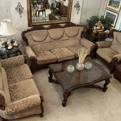 Couch Sofa Loveseat Chair 3-piece European-style living room set with carved wood upholstered seating.  *AS-IS CUSHIONS NEED RESTORING