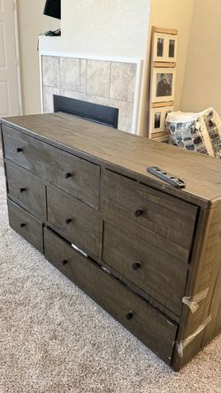 Dark Gray Wood Dresser with 7 Drawers