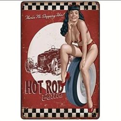 "Vintage Chrome Dreams: The Legendary Hot Rod Bettie Pin-Up Metal Sign - Where Automotive Passion Meets Timeless Americana"