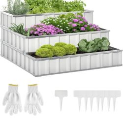 48 Inch Wide 3 Tier Raised Garden Bed Outdoor Metal Patio Planter Box with Gloves, 4' x 4' x 2' for Backyard, Patio to Grow Vegetables, Herbs