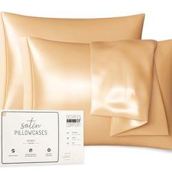 NEW Gold Satin Pillow Cases Standard Set of 2 | Pillowcase for Hair and Skin | 20 x 26 Inch–Slip Silky Comfort with Envelope Closure