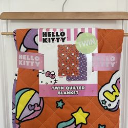 New Hello Kitty Frolicking Fun Orange Quilt Quilted TWIN Blanket On Hanger