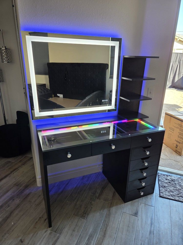 Gourges Vanity 8 Drawers RGB Light Inside LED Light Inside Drawers, Hollywood Mirror & Shelve $1199