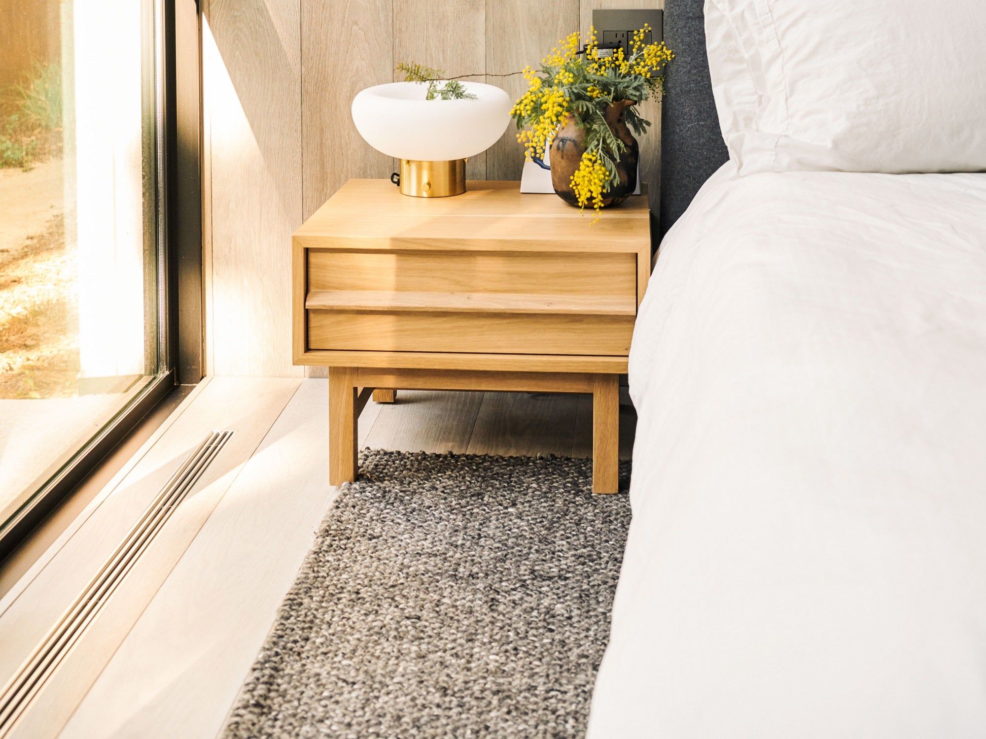 EQ3 Marcel Mid-Century Nightstand – Oak Solid Wood Bedside Table with Soft-Close Drawer, Open Shelf, Modern Bedroom Storage