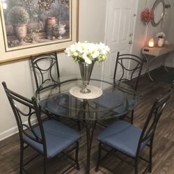 Round Glass Dining Table Set With 4 Blue Plastic Chairs