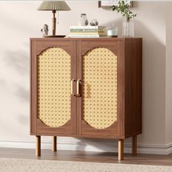 Storage Cabinet with Rattan Doors – Walnut Accent Cabinet-2 Doors