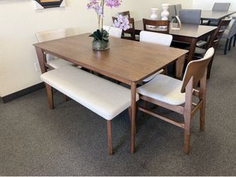 Mid century modern dining table with 4 chairs and a bench