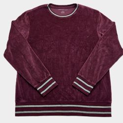 American Eagle Mens Burgundy Velour Sweatshirt Striped Trim Size L