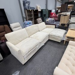 GRUSIGN 104" Sectional Sofa for Living Room, 4-Seat Deep Seat Couch with Movable Ottoman, L-Shaped Corduroy Sofa in Beige for Living Room, Cloud Couch