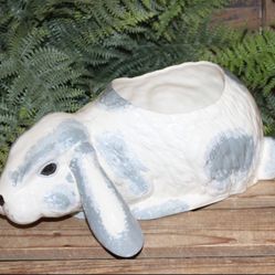 Shabby VTG Blue/Gray & White Ceramic Bunny Rabbit Cottage Planter Pot Dish