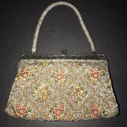 Antique Silver Micro Beaded & Embroidered Floral Bag Purse Handbag Beaded Handle