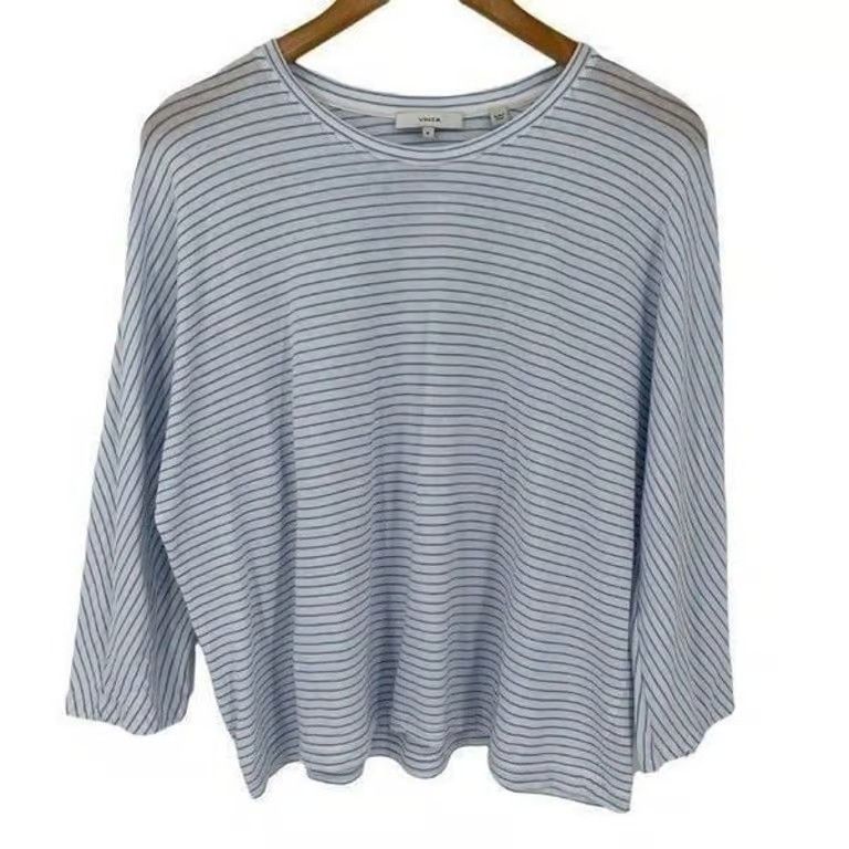Vince Cotton Pencil Stripe 3/4 Dolman Sleeve Top Lightweight White Blue Medium