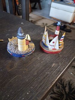 Vintage Nautical Lighthouse & Sailboat Figurine Set (Resin)