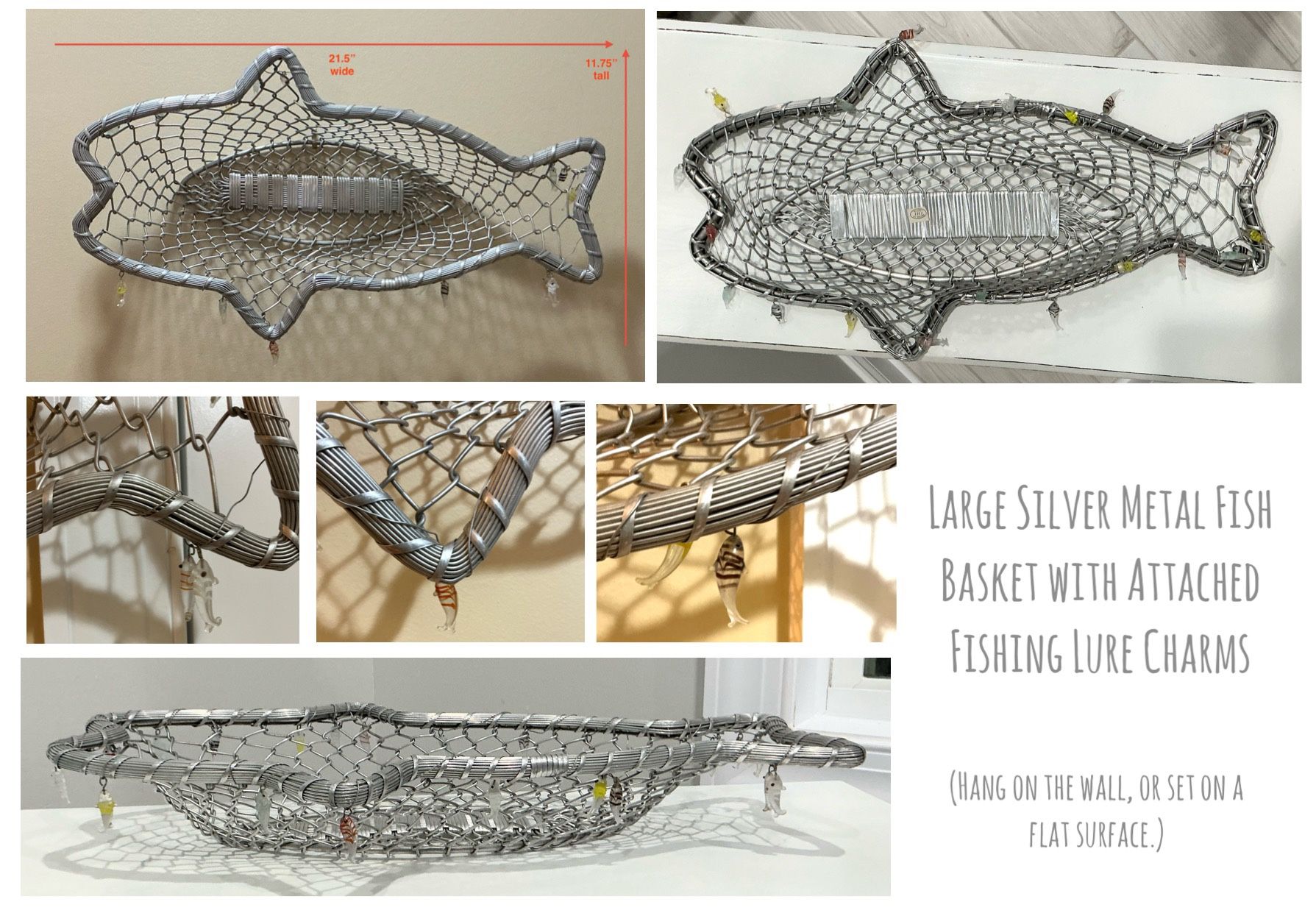 Large Silver Metal Fish Basket with Attached Fishing Lure Charms