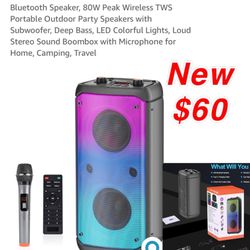 New Bluetooth Speaker, 80W Peak Wireless TWS Portable Outdoor Party Speaker with Subwoofer, Deep Bass, LED Colorful Lights, Loud Stereo Sound Boombox 