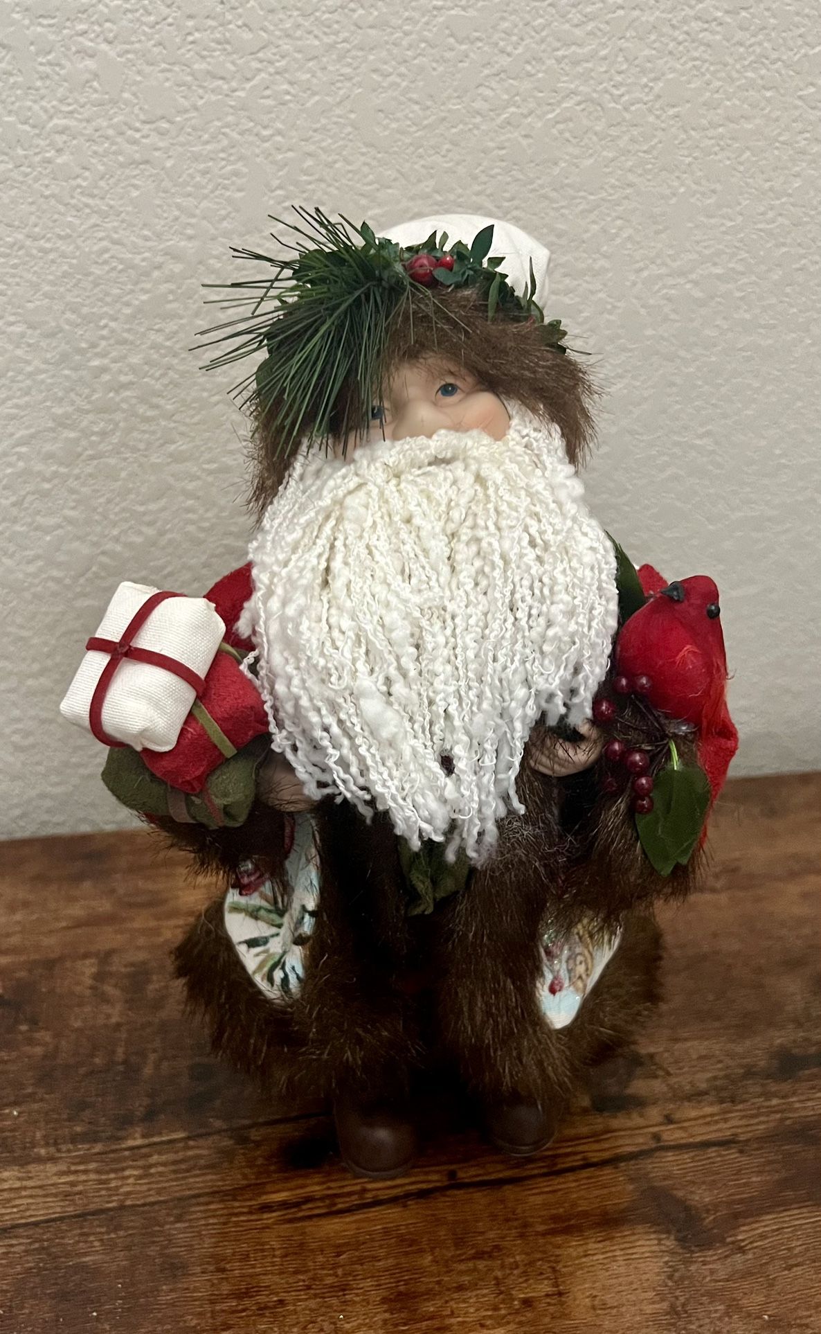 Vintage Wooden Santa Carrying Gift And Bird