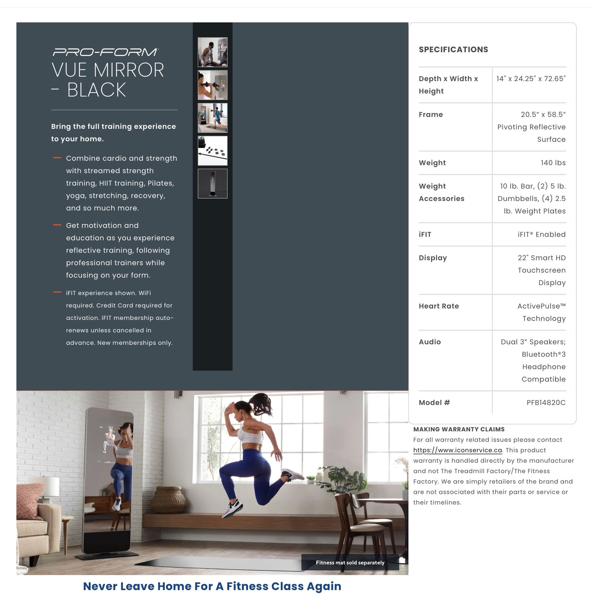 PROFORM 360 SMART FITNESS MIRROR WITH 22’ HD TOUCHSCREEN & IFIT TRAINER 