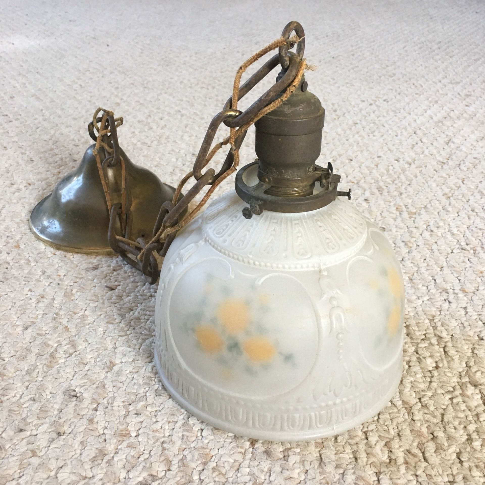 Antique Vintage Hanging Light w/ Frosted Glass Shade and Painted Yellow Flowers