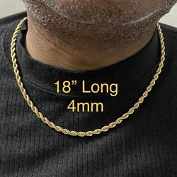 Stainless Steel Gold Tone 4mm Twisted Rope Chain Necklace Lobster Clasp 18"Long Chain Necklace For Men Women  - CHN 