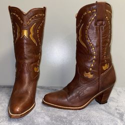 42nd Street Size 6.5M Brown Leather 4” Heeled Boots with Decorative Stitching