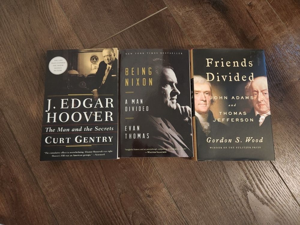 3 Non fiction Best Seller Books -Biography of Nixon, John Adams&Thomas Jefferson, J.Edgar Hoover, Excellent condition.