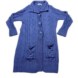 WoolOvers Pure Wool Aran Coatigan Women XL Blue Cable-Knit Long