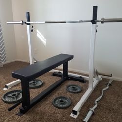 Gym Squat stand 45 lb bar Curl bar Bench with wheels 25 lb plates  10 lb plates