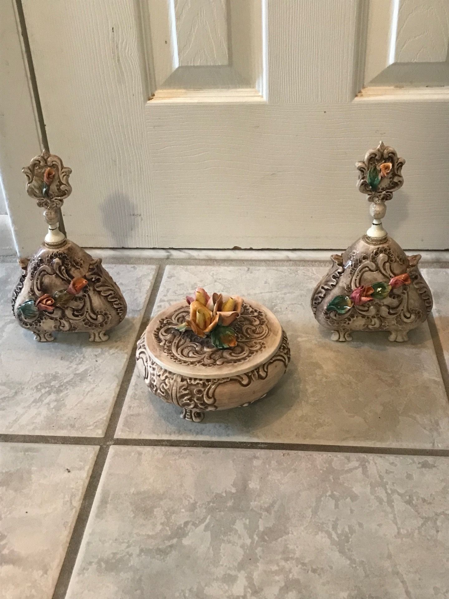 (2)-VTG- Italian Capodimonte Porcelain Perfume Bottles & Jewelry Box