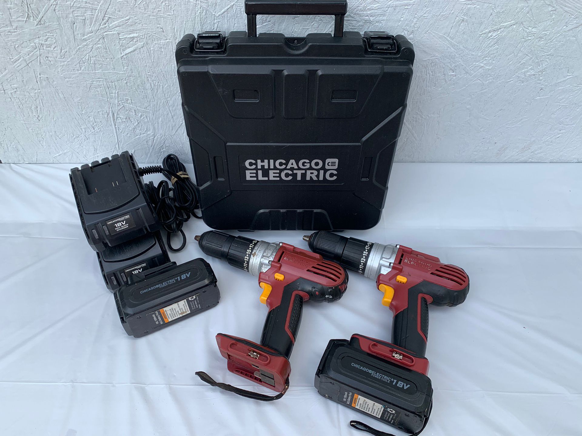 Chicago Electric 18 V Cordless Drills, Batteries, Charger And Case.