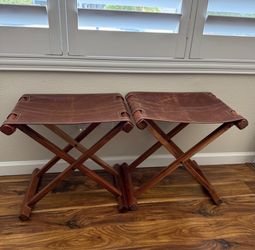 Pair of Folding Leather & Wood Camp Stools / Accent Stools