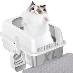 Prodigen Extra Large Stainless Steel Cat Litter Box with Lid High Wall Sides Enclosure, Non-Sticky, Anti-Leakage, Easy Cleaningwith Cat Mat & Metal Sc