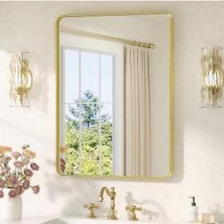  Gold 24x32 Metal Framed Bathroom Mirror With Shelf For Wall, Rounded Rectangle Wall-Mounted Mirror, Gold Bathroom Vanity Mirror, Hanging Mirror
