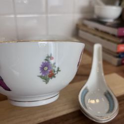 RARE Vintage Prosperity Longevity Luck Wealth Chinese Men Rice Bowls +/ 2 Spoons Made In China