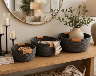 Set of 3 Dark Gray Rope Baskets with Leather Handles
