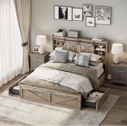 Rustic Brown Twin Size Farmhouse Bed Frame with Drawers