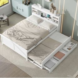 White Full Size Bed with Trundle and Drawers, Full Storage Bed with Bookcase Headboard, USB Ports Outlets   [NEW] **Assembly Required **