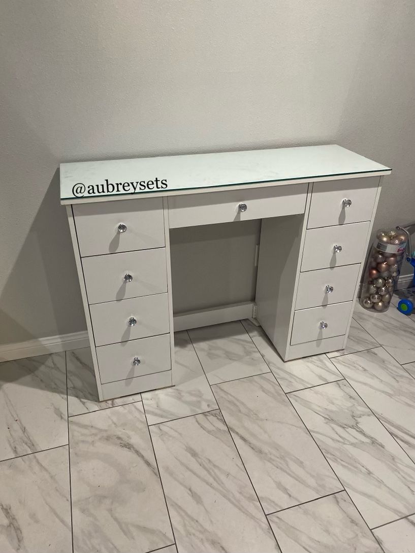 White Vanity Desk With Glass Top and Crystal Knobs