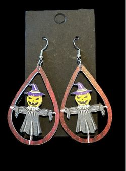 Scarecrow Jack-O-Lantern Witch - Acrylic Teardrop Halloween Earrings - 🎃 🧙♀️