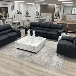 Black Leather Sofa Loveseat Chair Marble Table 