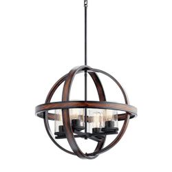 Kichler Barrington 4-Light Distressed Black and Wood Tone Rustic Seeded Glass Globe Hanging Pendant Light