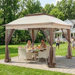 11x11 Pop Up Gazebo with Mesh Netting, Instant Outdoor Canopy Tent, Water Resistant Shelter with UPF 50+ UV Protection, 121 Sq Ft Coverage, Beige