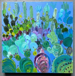 Original large oil painting cactus vibrant pastel blue purple